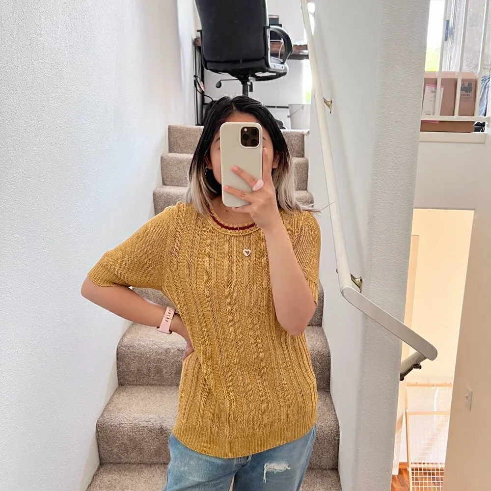 Tory Burch Yellow Linen Knit Short Sleeve Sweater Tee S‌‌‌‌‌